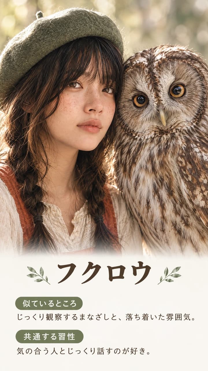 生成例。女性とリアルなフクロウが顔を寄せ、下に似ているところと習性の説明が入った画像