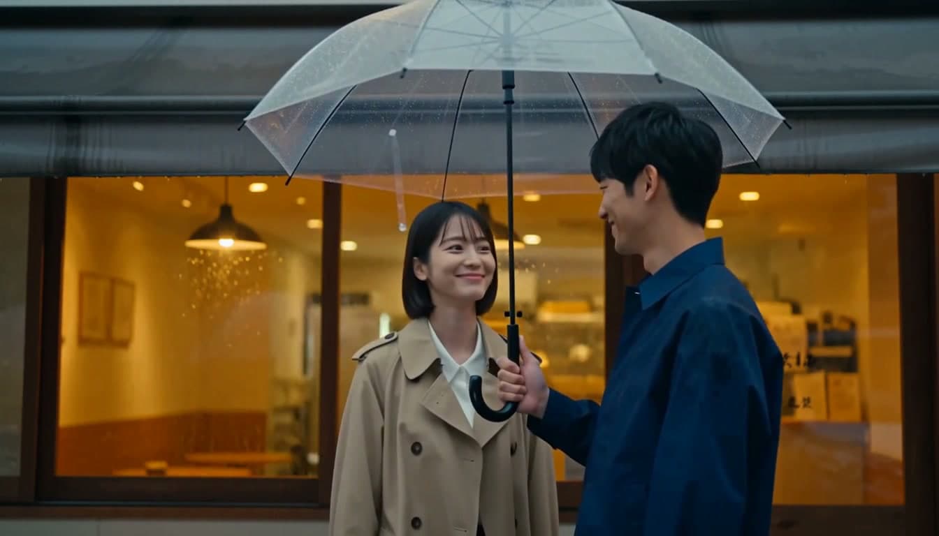 雨の街で傘を分け合う日本人の男女