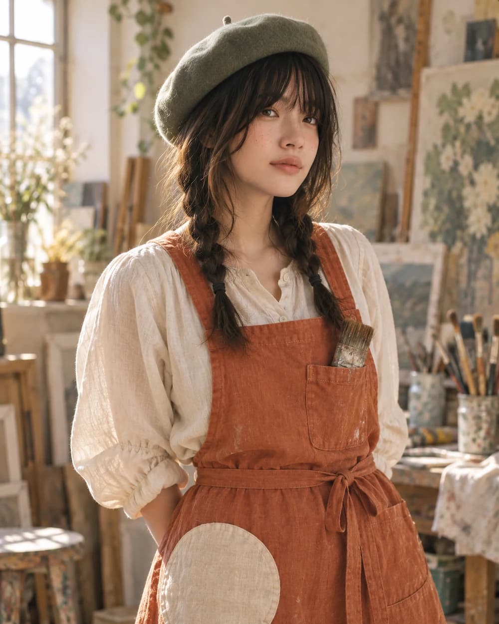 ベレー帽とオレンジのエプロンを着たMubiMubiの看板の女の子